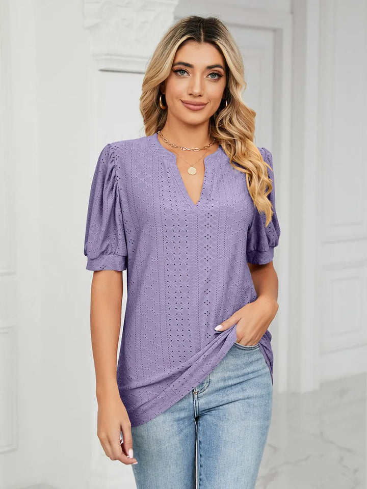 Florira Eyelet Notched Short Sleeve T-Shirt