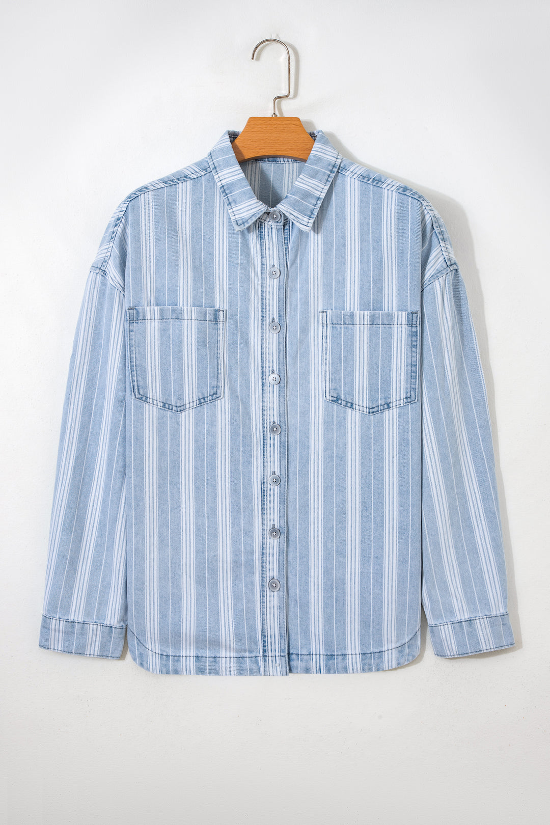 Sky Blue Stripe Boyfriend Chest Pocket Classic Denim Shacket