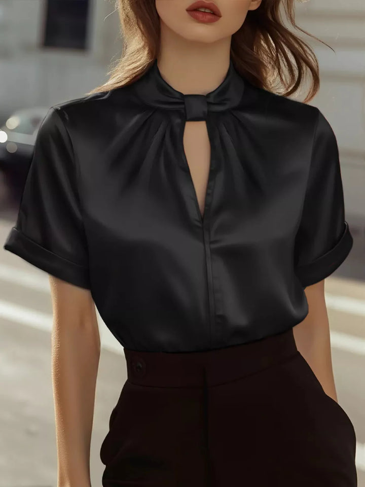 Keyhole Neck Satin Short Sleeve Blouse