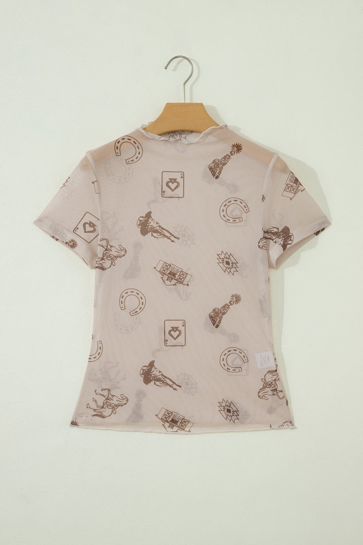 Oatmeal Western Printed Mesh Short Sleeve Top