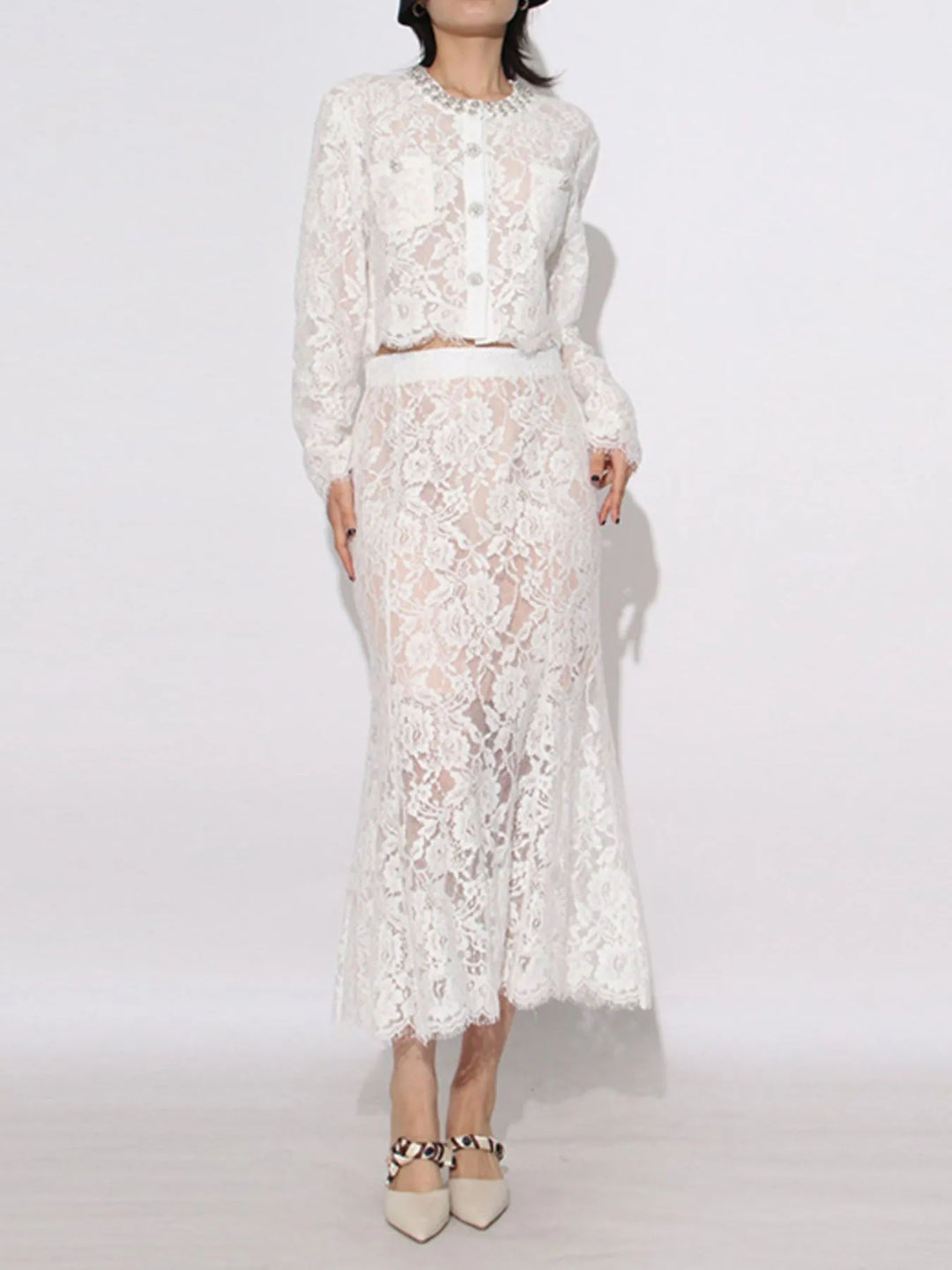 Lace Snap Down Top and Skirt Set