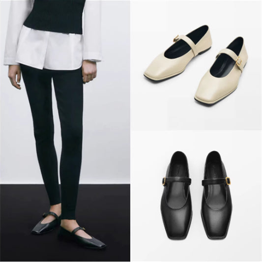 Genuine Leather Square-toe Flat Shoes For Women With Shallow Mouth And Single Strap