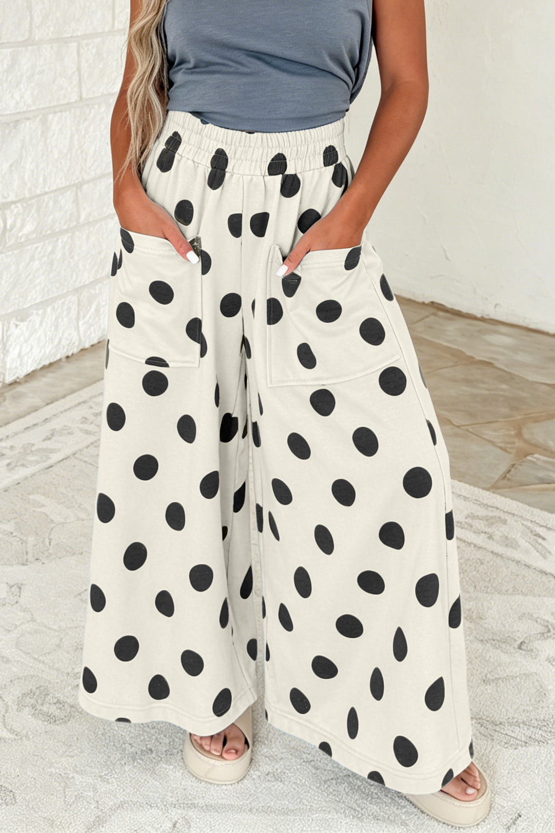 Sky Blue Polka Dot Wide Leg Elastic Waist Casual Pants