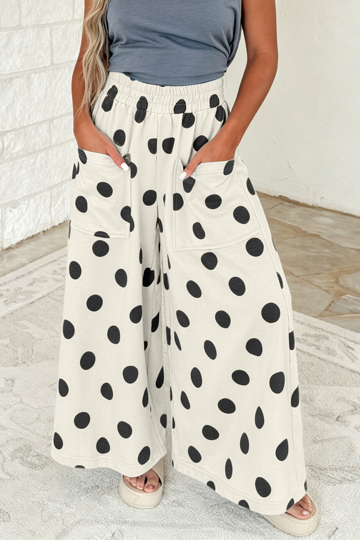 Sky Blue Polka Dot Wide Leg Elastic Waist Casual Pants