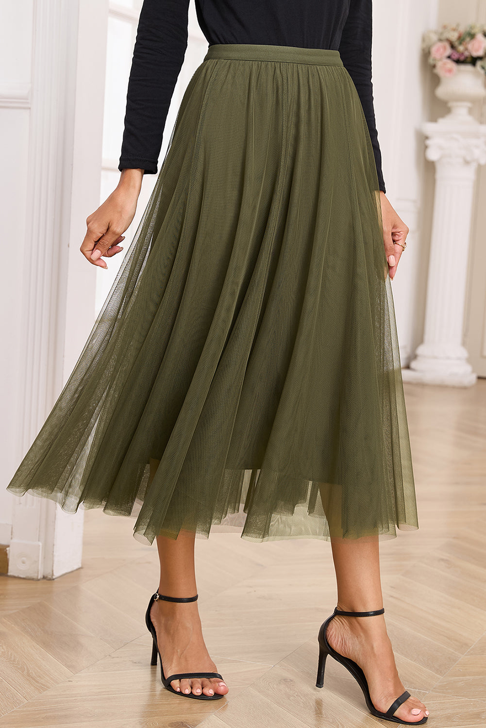 Jungle Green Tulle Mesh Overlay Flared Midi Skirt