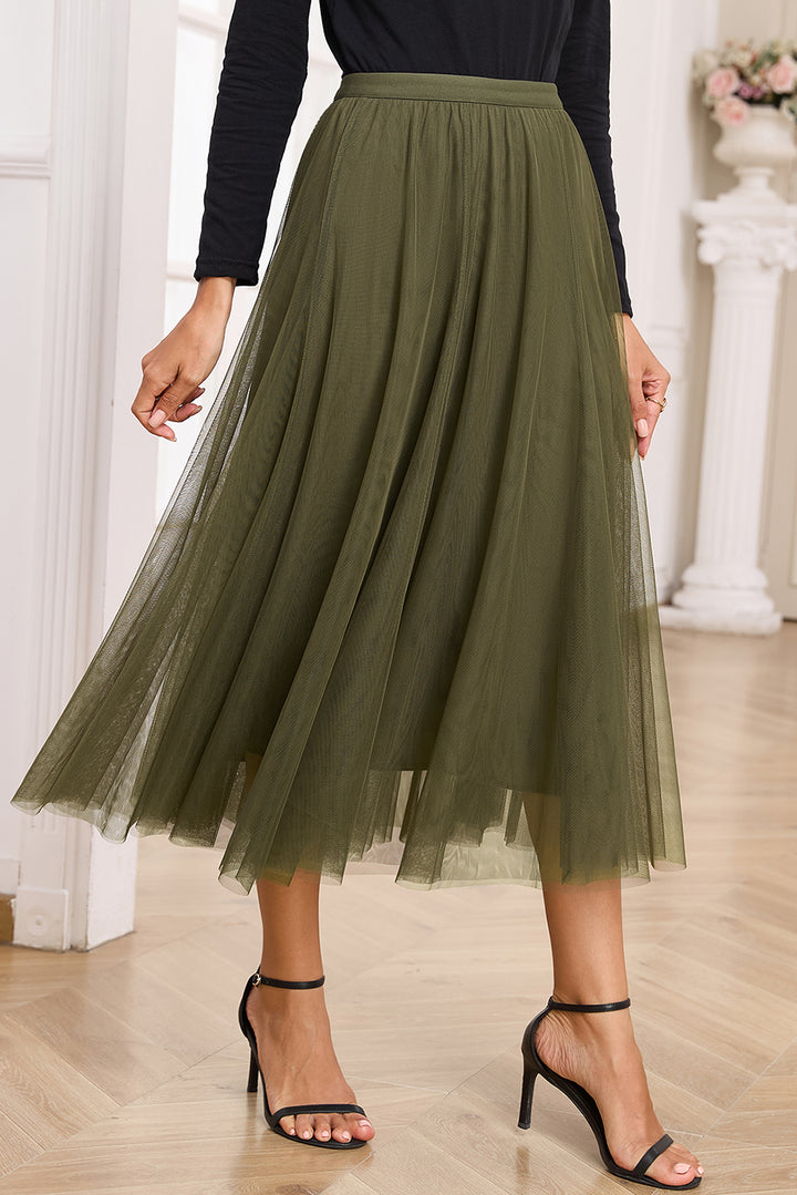 Jungle Green Tulle Mesh Overlay Flared Midi Skirt