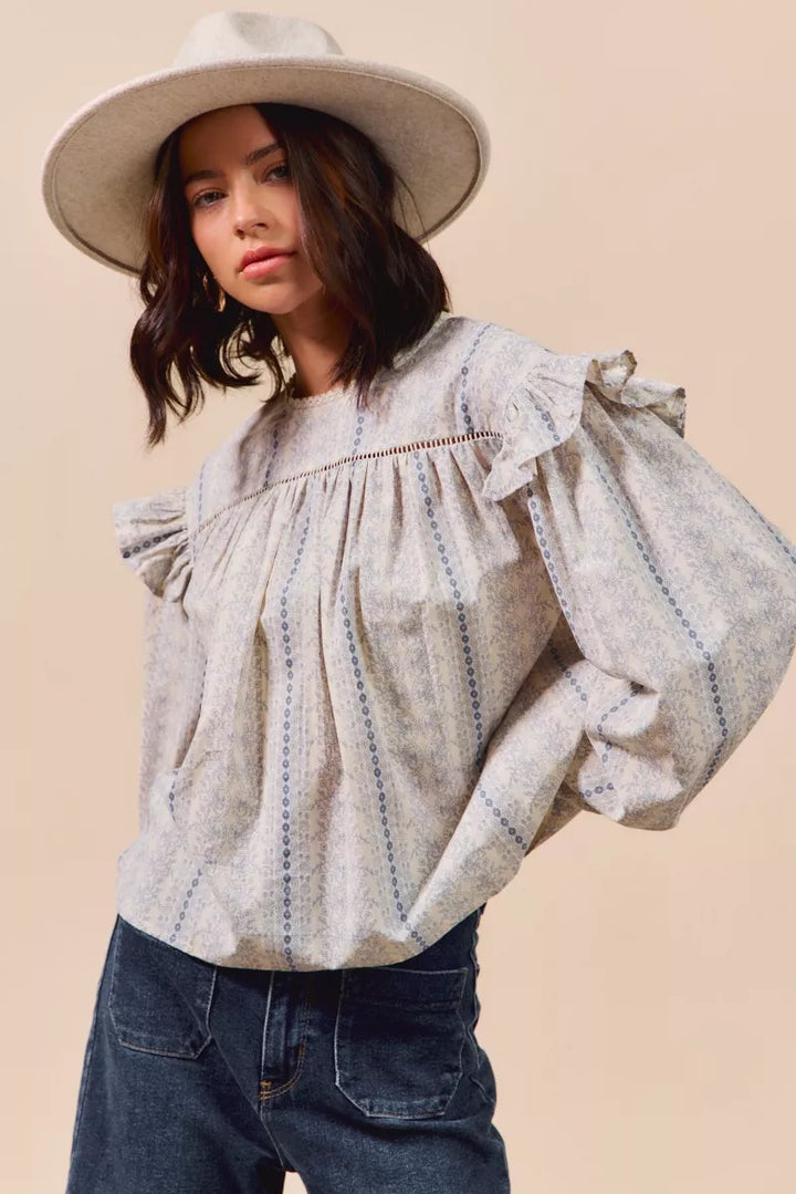 SO ME Floral Cotton Print Ruffled Long Sleeve Blouse