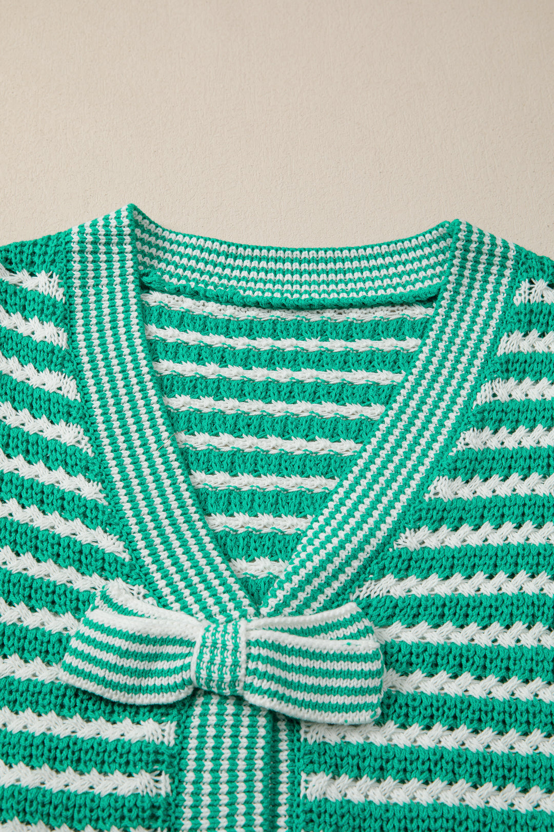 Green Stripe Short Sleeve Knit V Neck Bow Knot Sweater