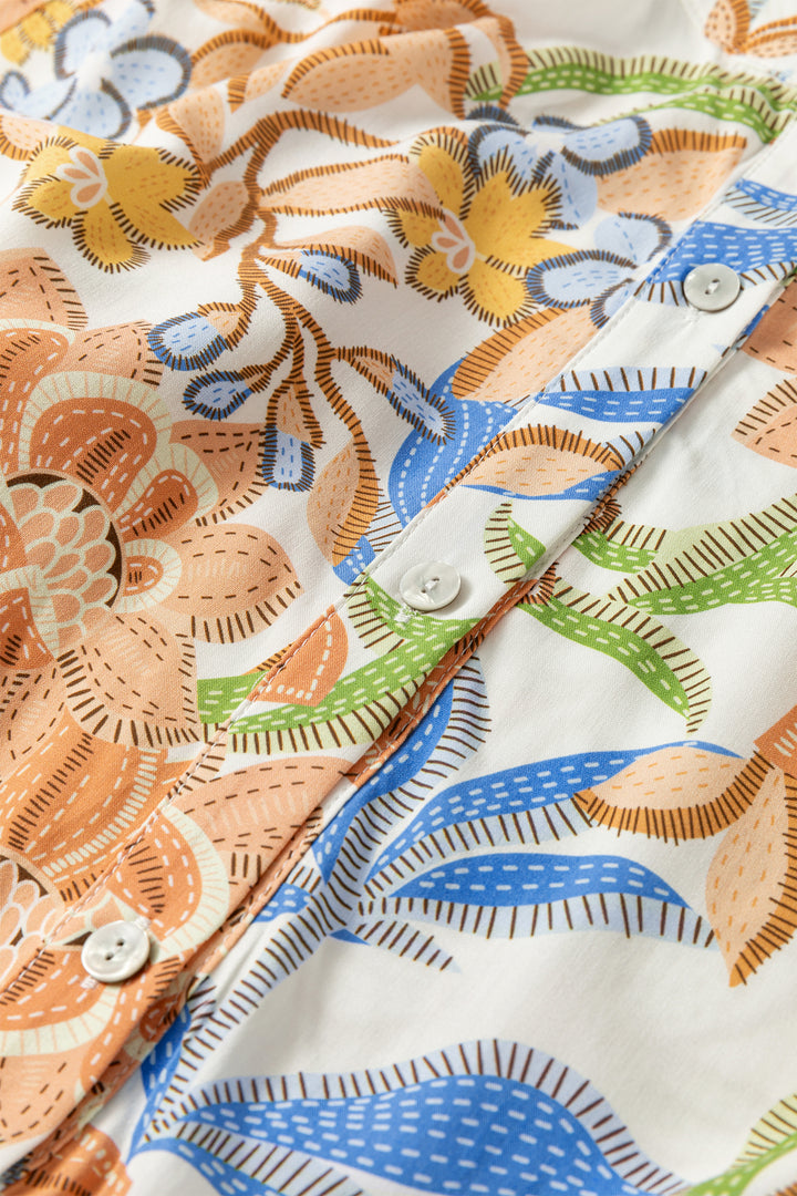 Khaki Floral Print 3/4 Sleeves Tiered Plus Size Long Dress