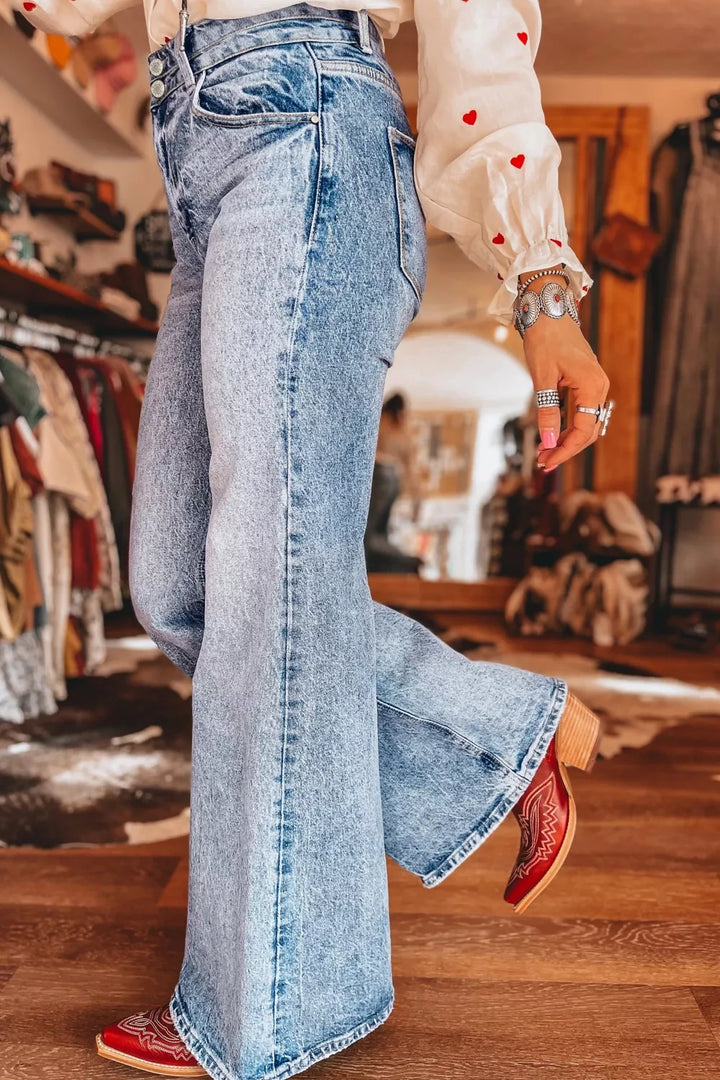 Acid Wash Pocket Detail Flare Jeans