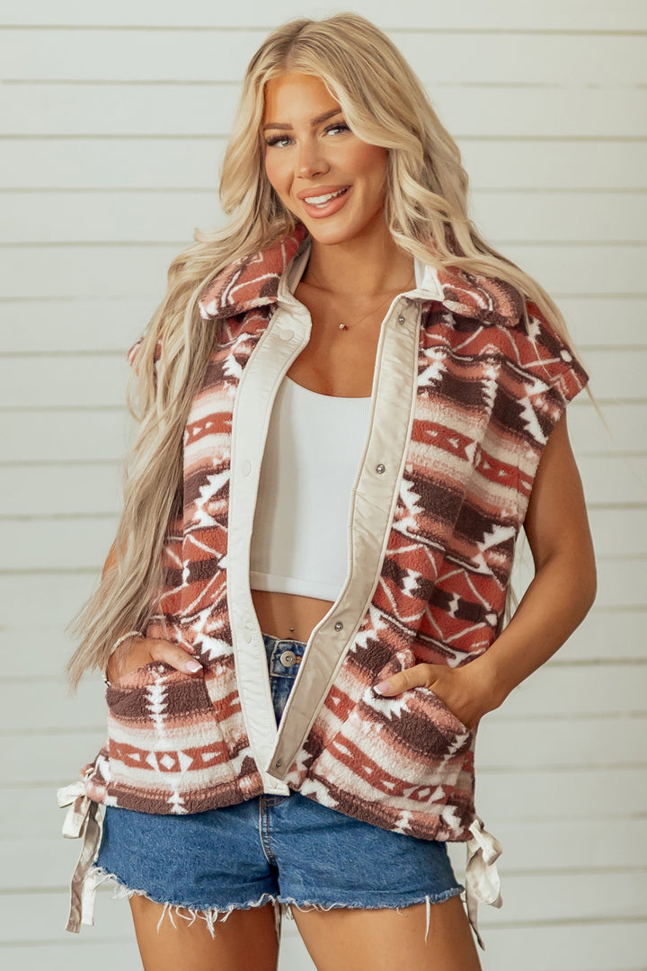 Multicolour Geometric Print Fleece Metal Button Placket Shift Silhouette Vest