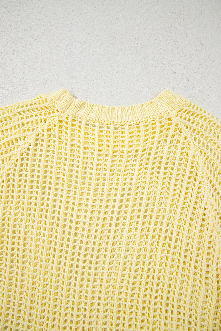 Yellow Cream Hollow-out Crochet Side Tied Short Sleeve Sweater