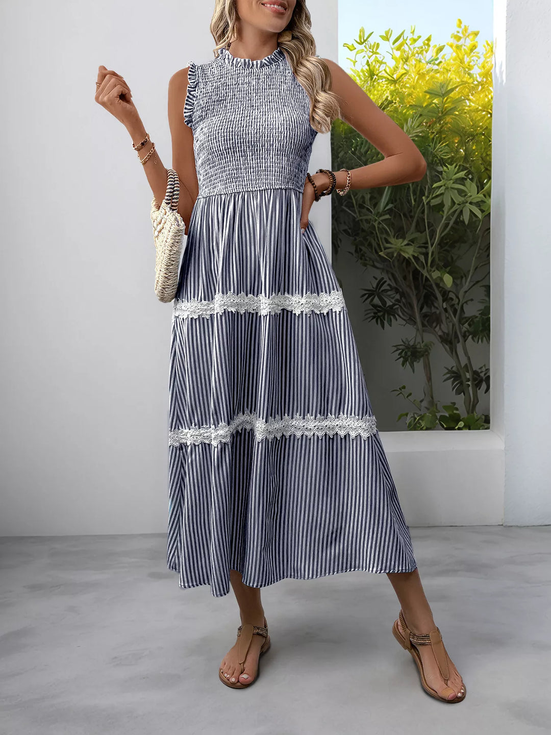 Smocked Striped Lace Trim Sleeveless Midi Dress