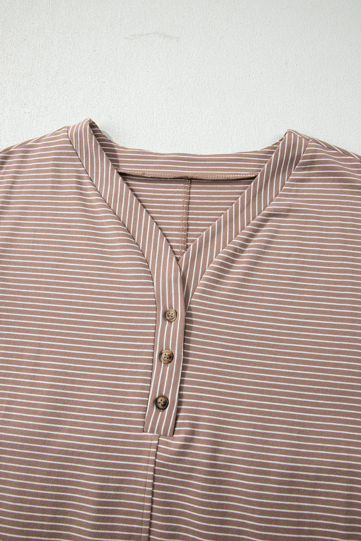 Khaki Stripe Buttoned V Neck High Low Side Slit T Shirt