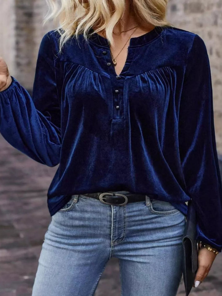Velvet Notched Long Sleeve Blouse