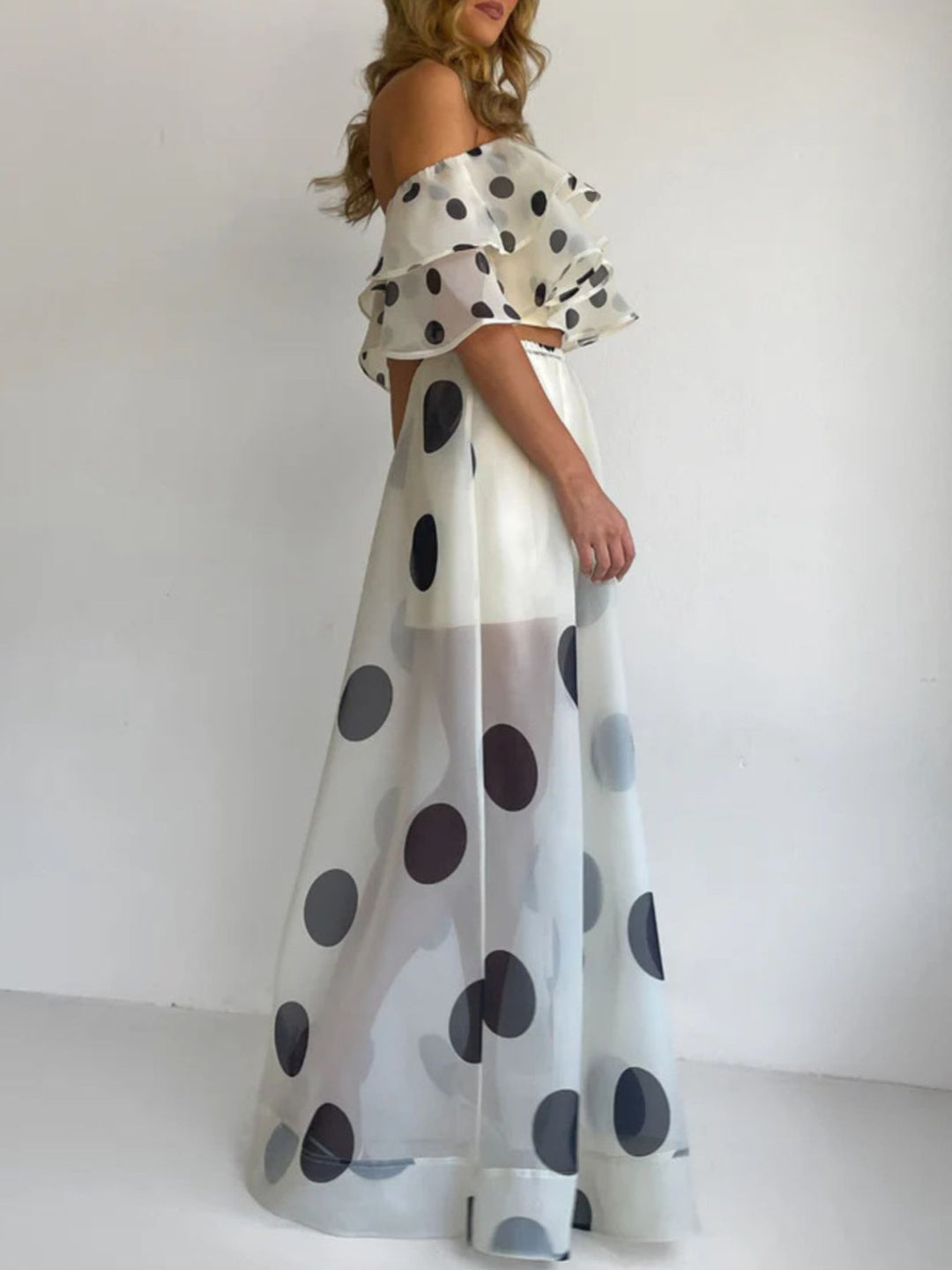 Polka Dot Ruffle Crop Top and Maxi Skirt Set