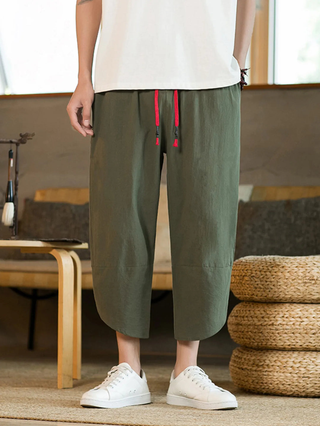 Men's Plus Size Casual Linen Cropped Pants with Drawstring