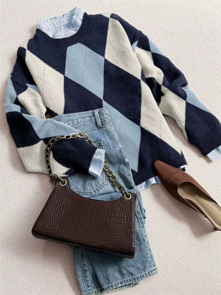 Vintage Argyle Round Neck Sweater