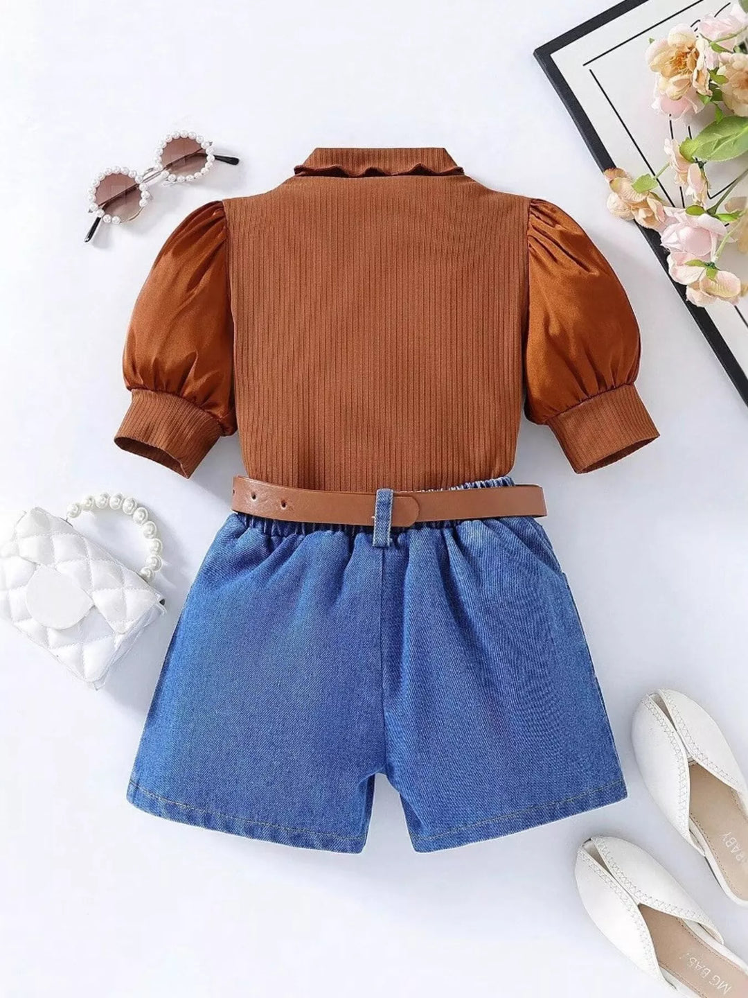 Children's Puff Sleeve Top and Denim Shorts Set