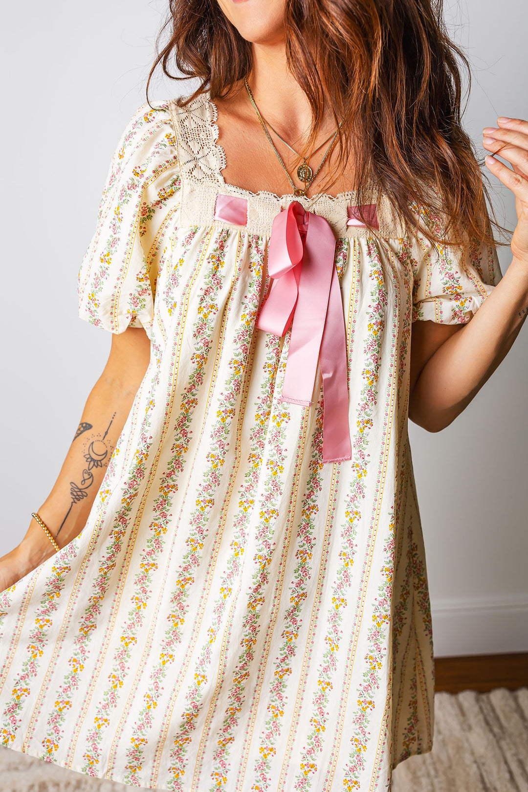 Multicolour Floral Print Contrast Ribbon Bow Lace Trim Square Neck Mini Dress