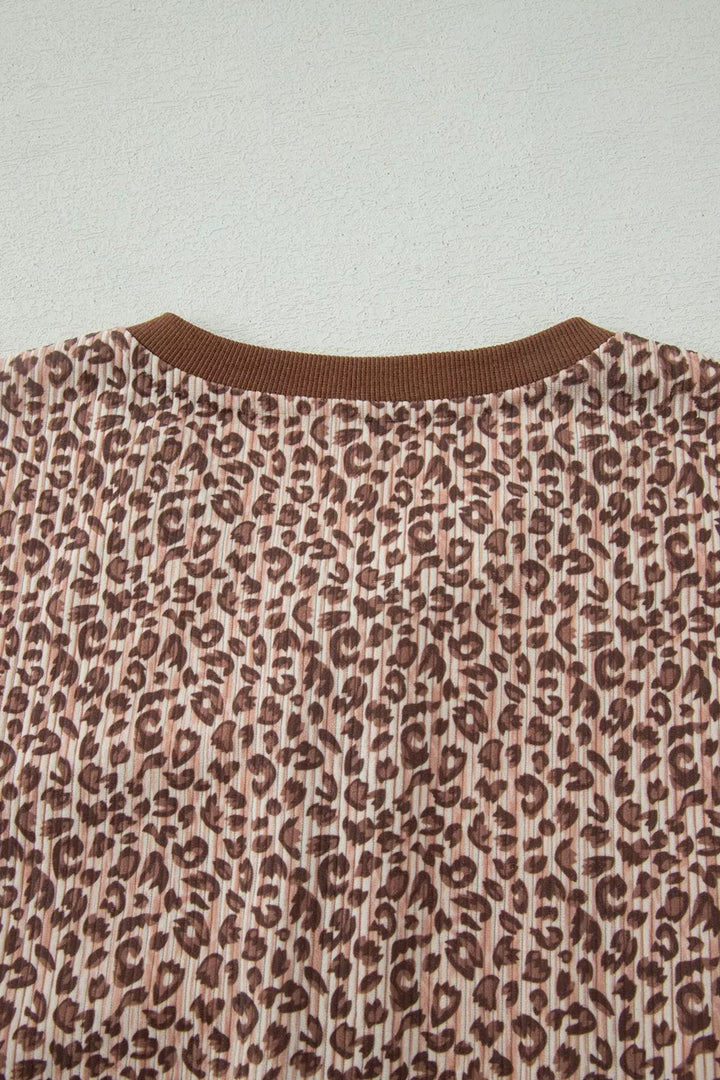 Leopard Print Ribbed Patchwork Half Button Loose Tee Elastic Waist Short 2pcs Set
