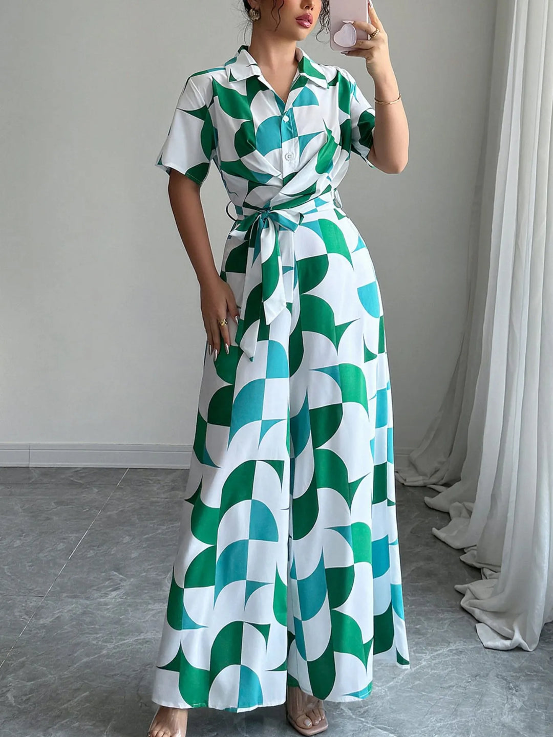 Printed Wide Leg Belted Jumpsuit