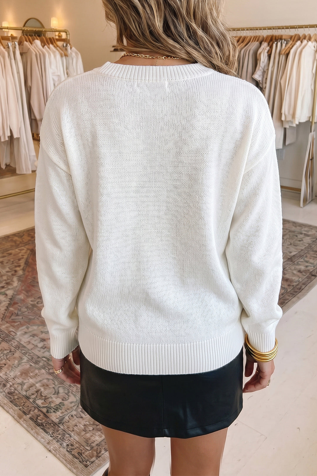 White Drop Shoulder Round Neck Long Sleeve Pullover Sweater