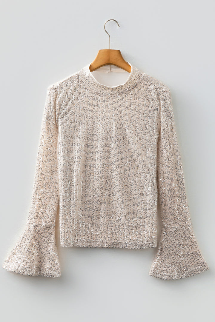 Jet Stream Sequin Mock Neck Drape Open Back Bell Sleeve Top