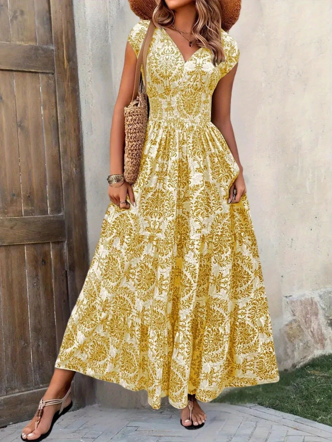 Printed Cap Sleeve Maxi Dress