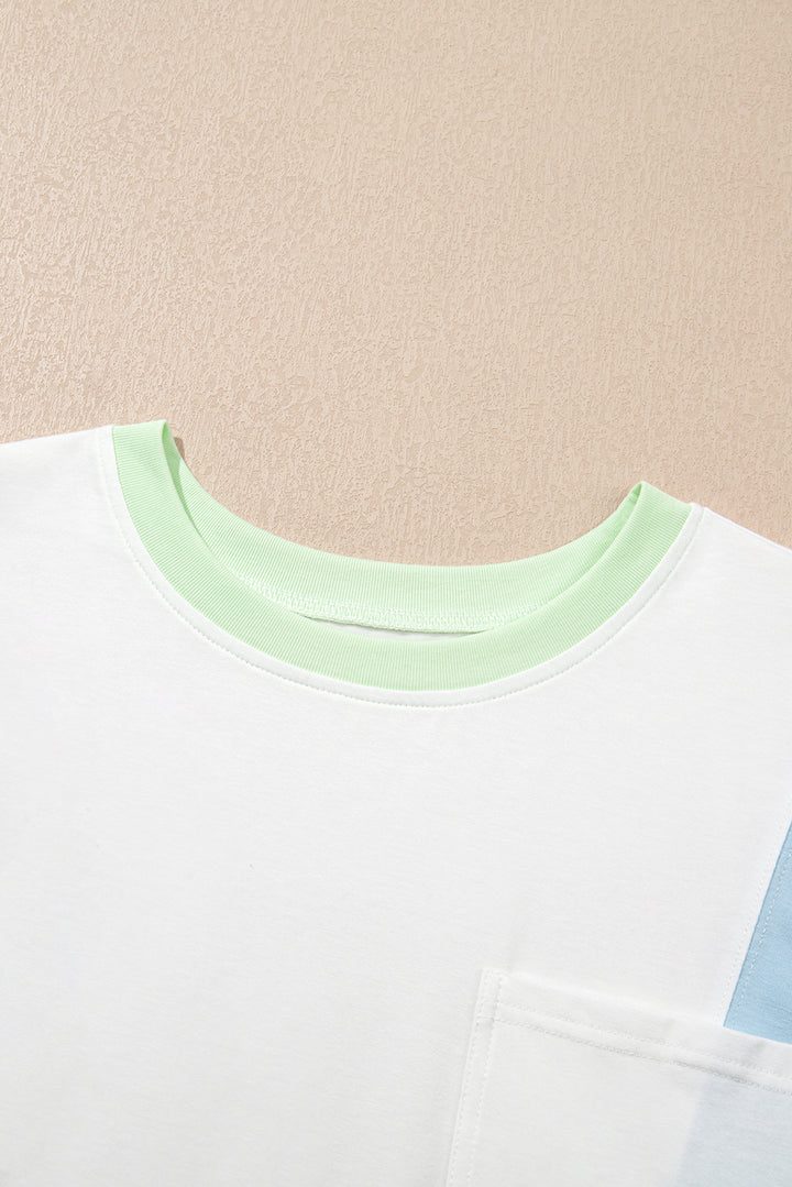 White Color Block Patchwork Half Sleeve Oversized T Shirt