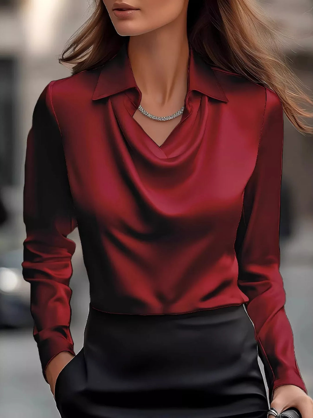 Full Size Satin Cowl Neck Long Sleeve Blouse Plus Size