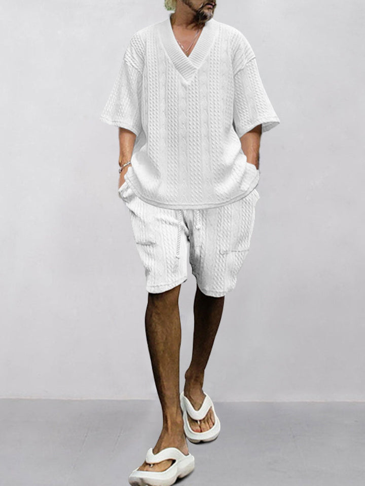 Men's Full Size Casual Knit V-Neck Short Sleeve Top and Shorts Set Plus Size