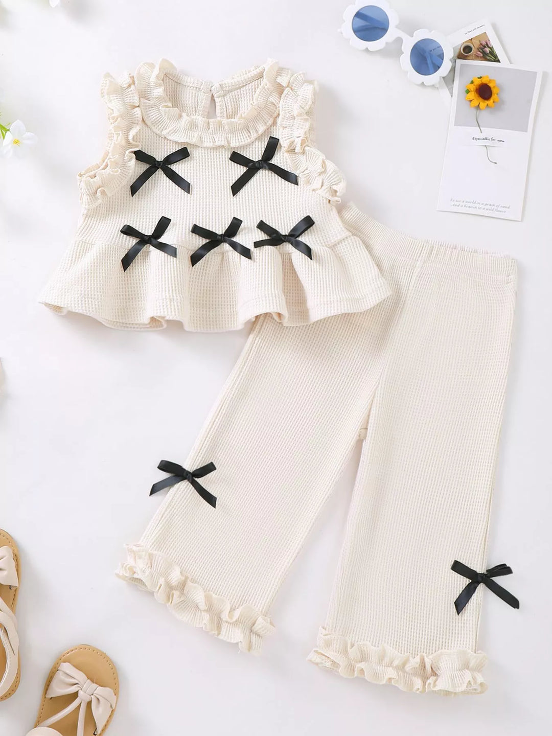 Children's Bow Waffle Knit Top and Pants Set