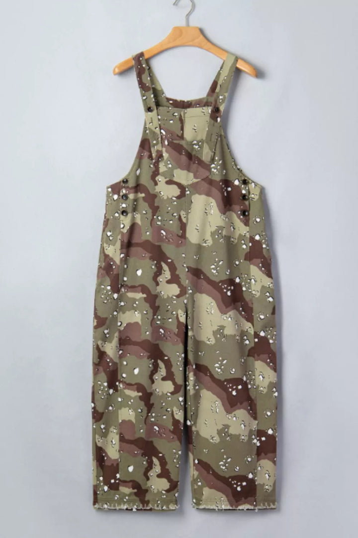 Camouflage Print Leopard Detail Loose Denim Overall Cropped Jumpsuit