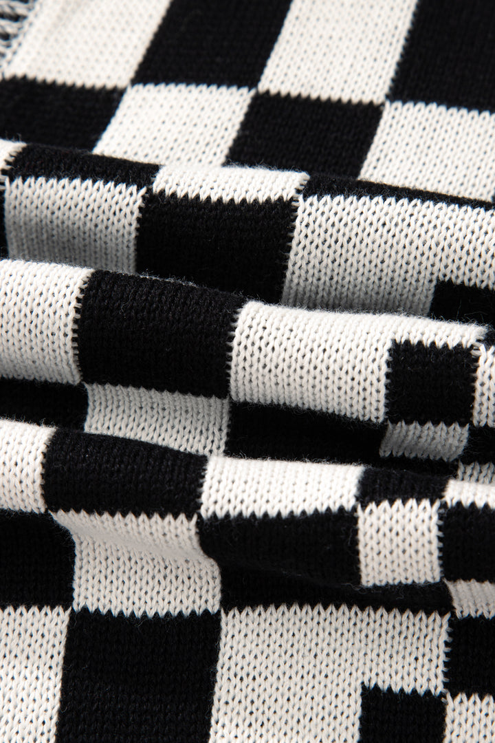 Black Plus Size Checkered Bubble Sleeve Drop Shoulder Open Cardigan