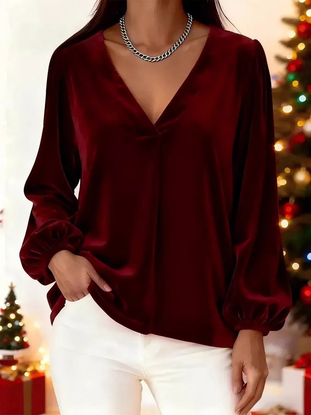 Full Size Velvet V-Neck Balloon Sleeve Blouse Plus Size