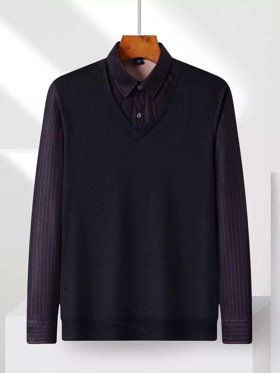 Men's Plus Size Striped Long Sleeve Fake Two-Piece Knit Top