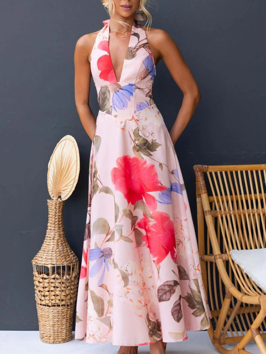 Floral Print Halter Neck Maxi Dress