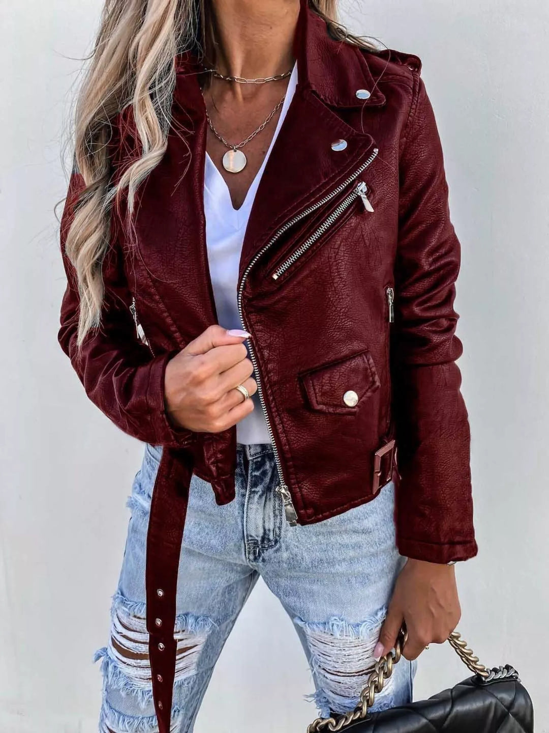 Full Size Zip Up Leather Motorcycle Biker Jacket Plus Size