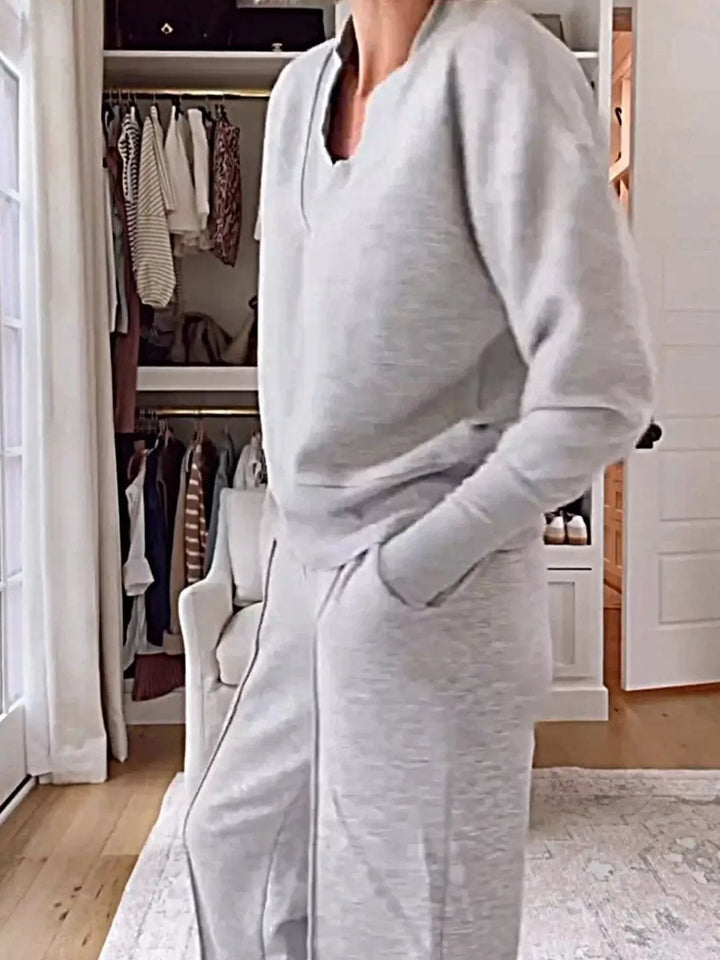 Full Size Cozy V-Neck Top and Pants Set Plus Size