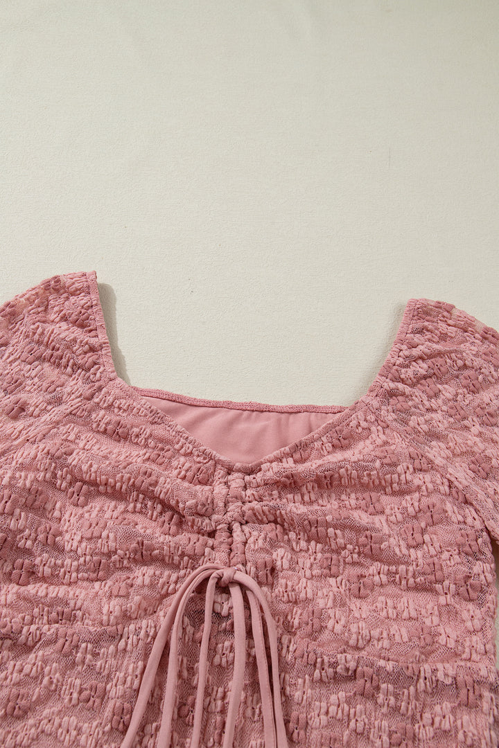 Peach Blossom Drawstring Knot Detail Floral Lace Blouse