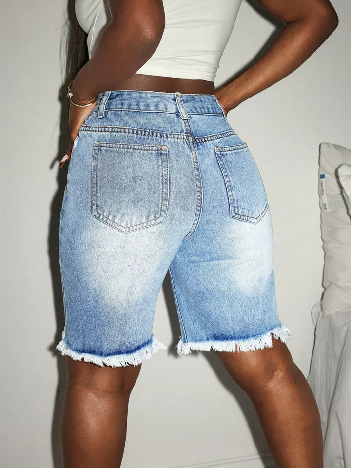 Distressed High Waist Frayed Hem Denim Shorts