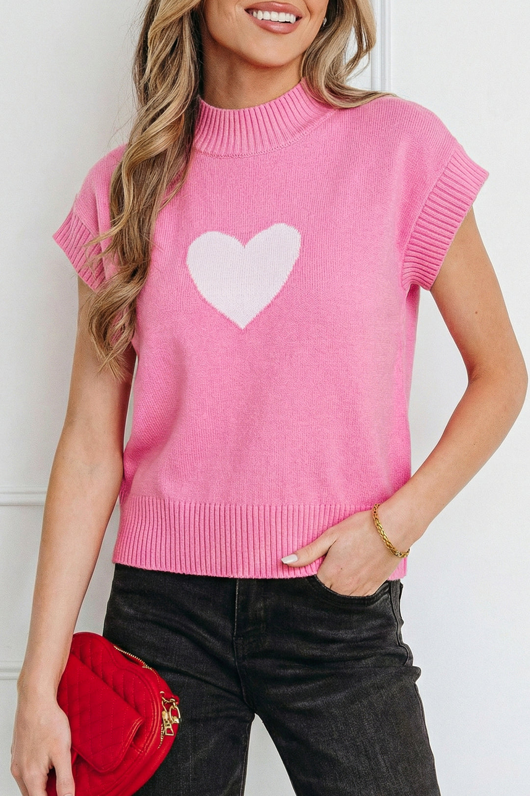 Pink Valentine Heart Graphic Cropped Short Sleeve Sweater