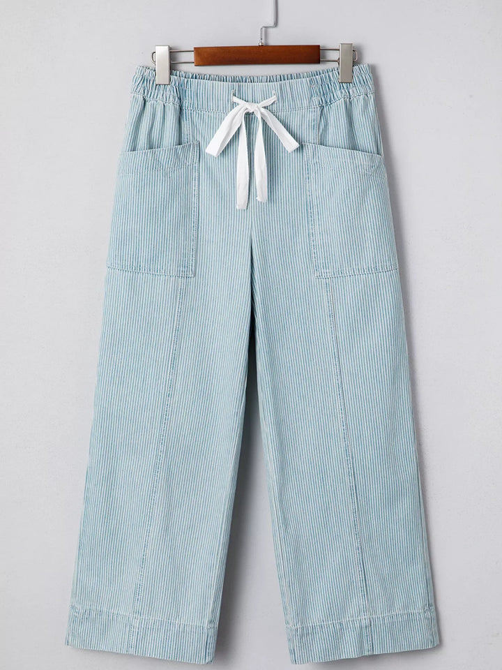Stripe Mid Rise Drawstring Waist Jeans