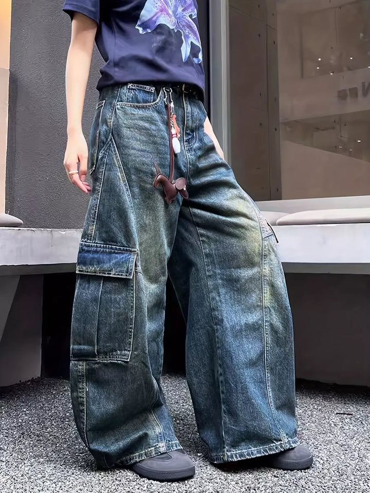 Vintage Wash Wide Leg Cargo Jeans