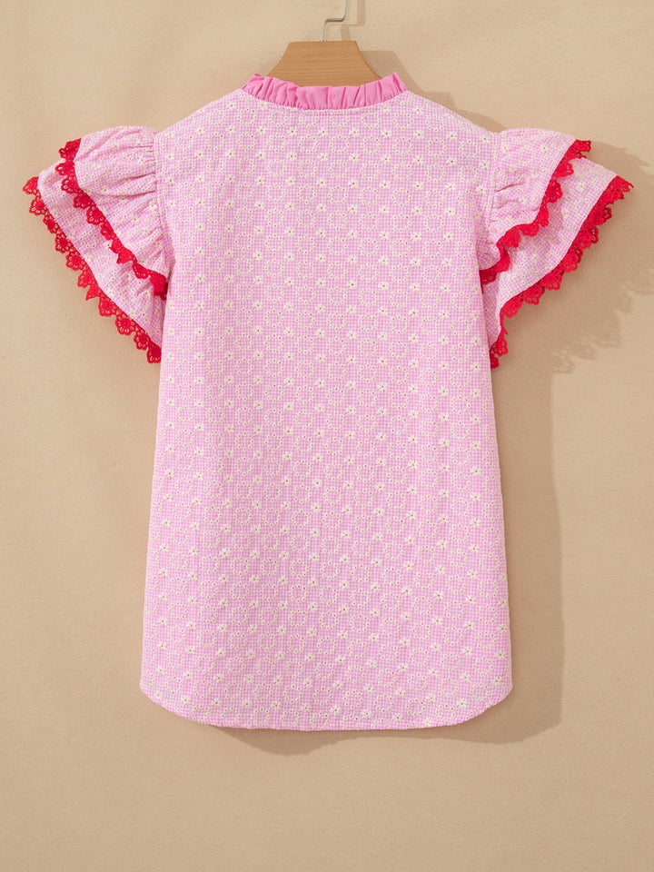 Eyelet Embroidered Flower Texture Contrast Lace Trim Flutter Sleeve Blouse