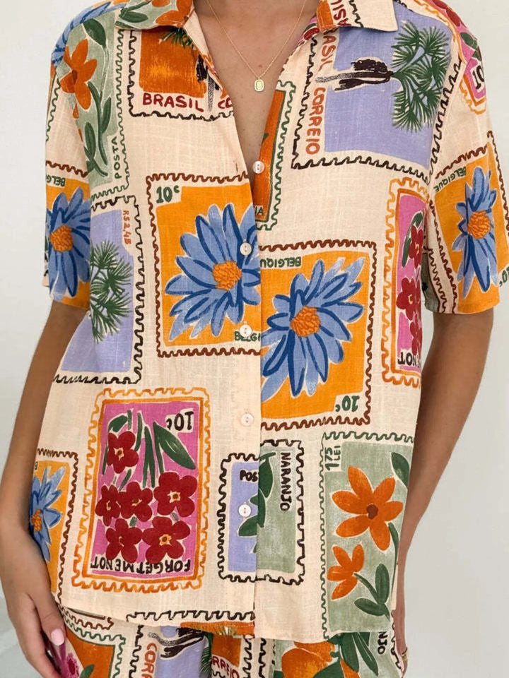 Printed Button Up Shirt and Shorts Set