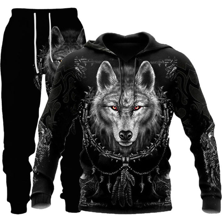 Animal-print Hooded Pullover Sweatshirt And Menswomens Sportswear Set