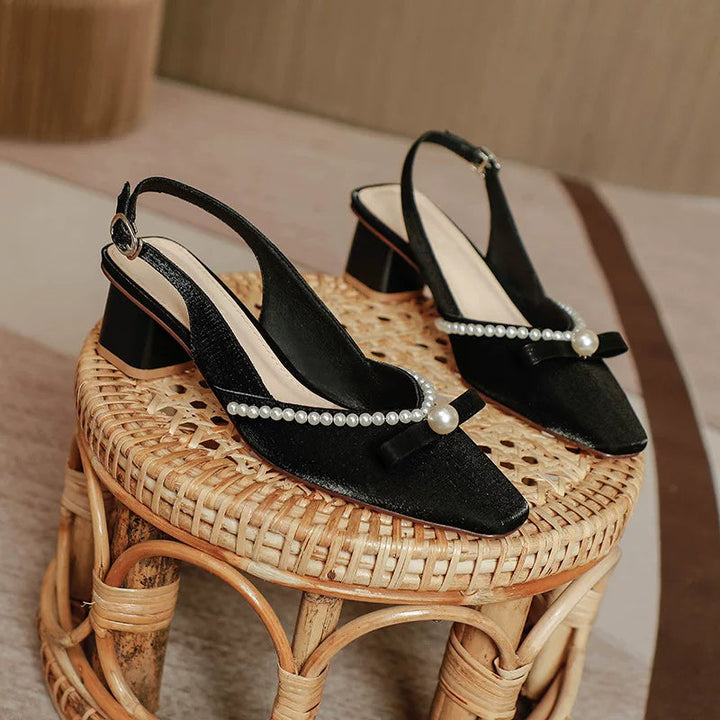 Women Block Heel Closed Toe Sandals, 2026 Summer New Fashion Square Toe Back Strap Pearl Fairy Style High Heel Pumps