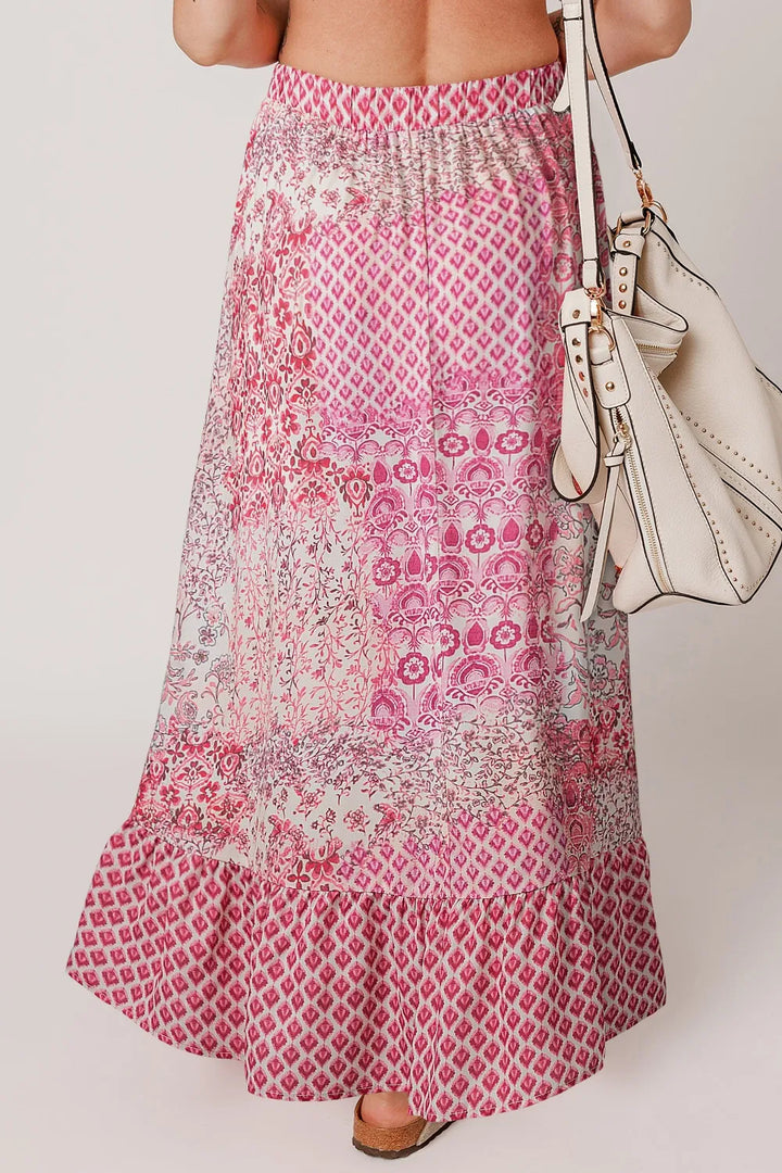 Printed Tassel Drawstring High Waist Maxi Skirt